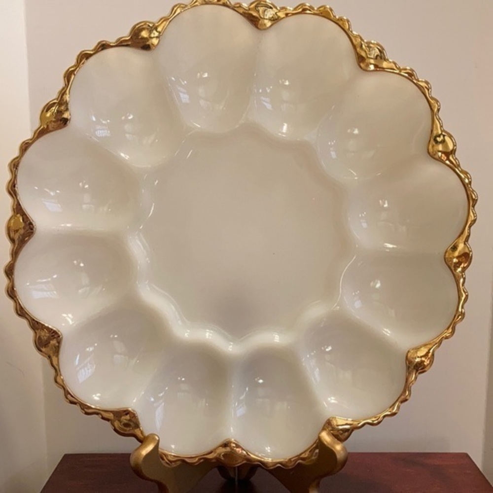 Vintage Anchor Hocking mid-century opal white gilded scalloped trim egg plate